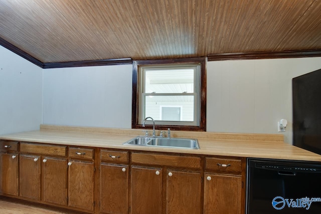 kitchen with black dishwasher, sink, crown molding, and wood ceiling