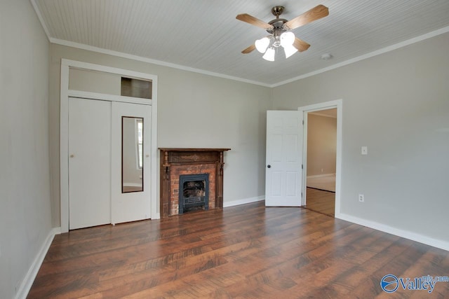 482 Mount Zion Rd, Madison, AL 35757 - unfurnished living room featuring wood finished floors, ceiling fan, a fireplace, and ornamental molding