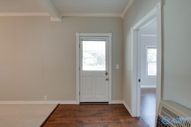 doorway featuring beamed ceiling, dark hardwood / wood-style flooring, and ornamental molding