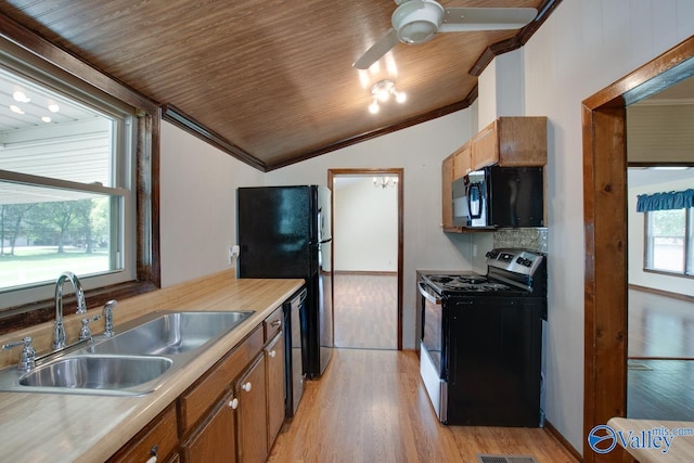 kitchen featuring sink, black appliances, wood ceiling, light wood-type flooring, and vaulted ceiling