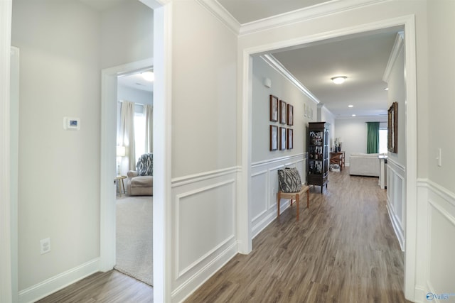 hallway featuring crown molding and wood-type flooring