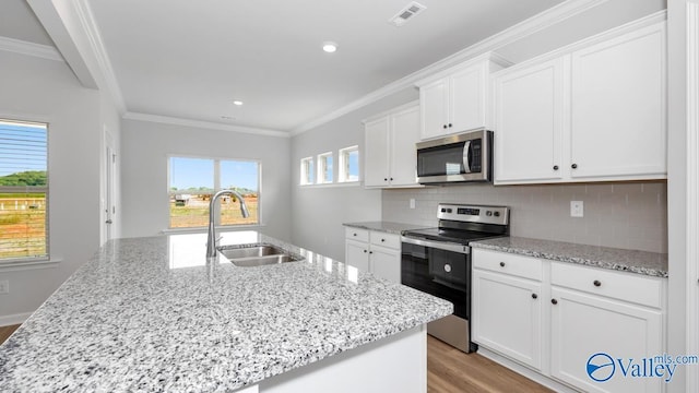 kitchen featuring white cabinets, sink, stainless steel appliances, and an island with sink