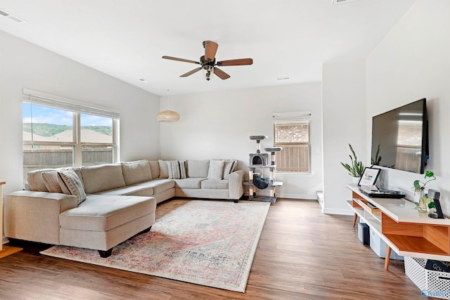 living room with ceiling fan and hardwood / wood-style floors