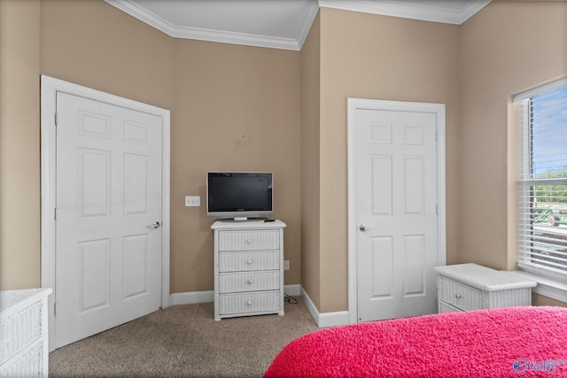 carpeted bedroom with crown molding and baseboards