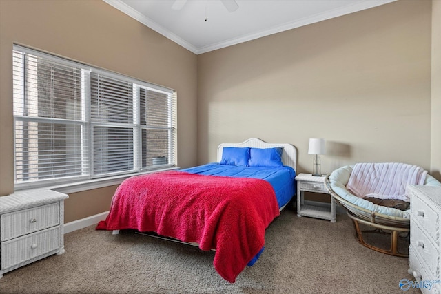 carpeted bedroom with crown molding, baseboards, multiple windows, and ceiling fan