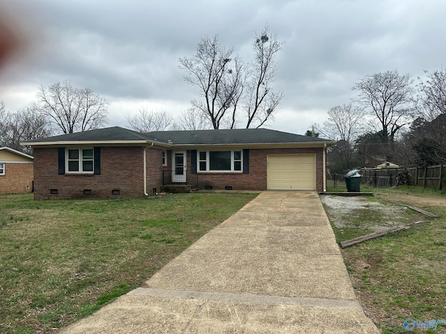 single story home featuring crawl space, concrete driveway, and brick siding