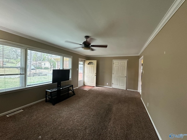 unfurnished living room with carpet floors, visible vents, crown molding, and baseboards