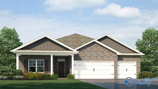 craftsman house featuring a garage, concrete driveway, brick siding, a front lawn, and board and batten siding