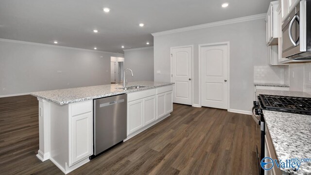 kitchen with dark wood-style flooring, a sink, backsplash, and appliances with stainless steel finishes