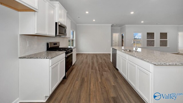 kitchen with a sink, a center island with sink, stainless steel appliances, decorative backsplash, and dark wood-type flooring