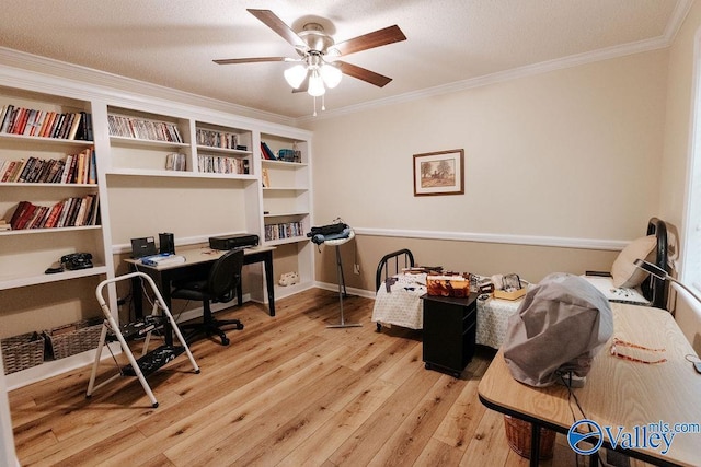 office with crown molding, a ceiling fan, and light wood finished floors