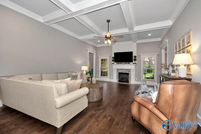 living room featuring beam ceiling, ceiling fan, coffered ceiling, dark hardwood / wood-style floors, and crown molding