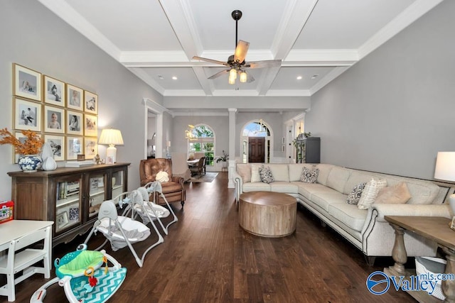 living room with ornamental molding, coffered ceiling, ceiling fan, dark wood-type flooring, and beam ceiling