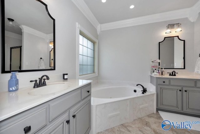 bathroom featuring tile patterned floors, vanity, shower with separate bathtub, and crown molding