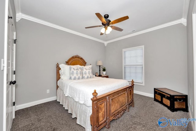 bedroom featuring carpet floors, ceiling fan, and ornamental molding