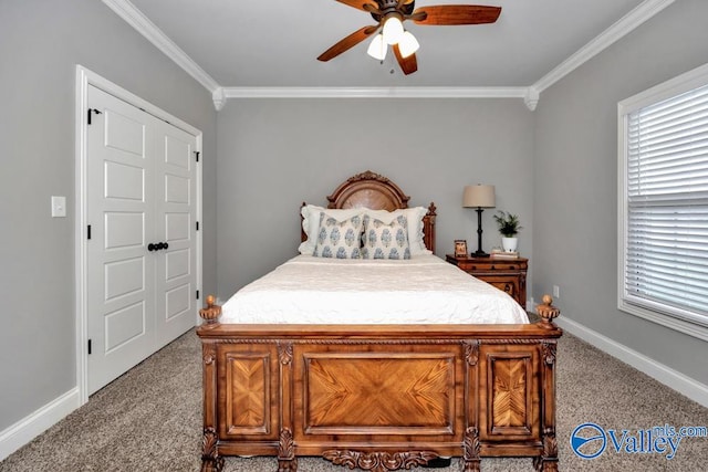 bedroom featuring light colored carpet, ceiling fan, and crown molding