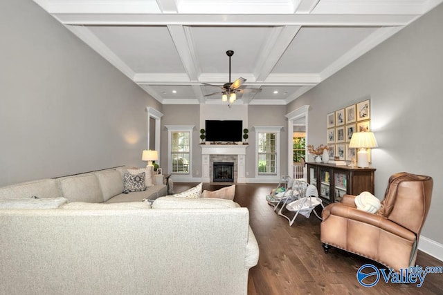 living room with beam ceiling, dark hardwood / wood-style flooring, ceiling fan, and coffered ceiling