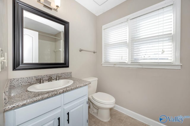 full bathroom featuring baseboards, toilet, tile patterned floors, vanity, and a shower