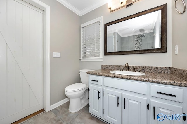 full bath featuring tile patterned floors, toilet, a shower stall, crown molding, and vanity