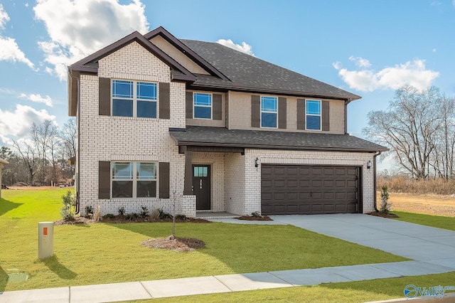 view of front of property with driveway, brick siding, and a front yard