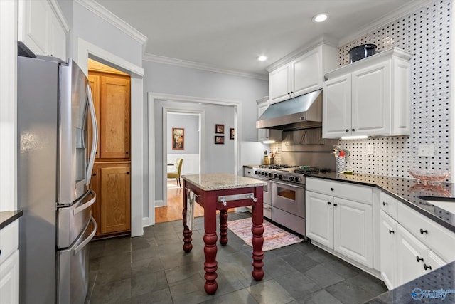 kitchen featuring crown molding, white cabinets, under cabinet range hood, and stainless steel appliances