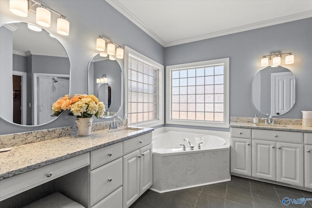 bathroom with a sink, two vanities, ornamental molding, and tile patterned flooring