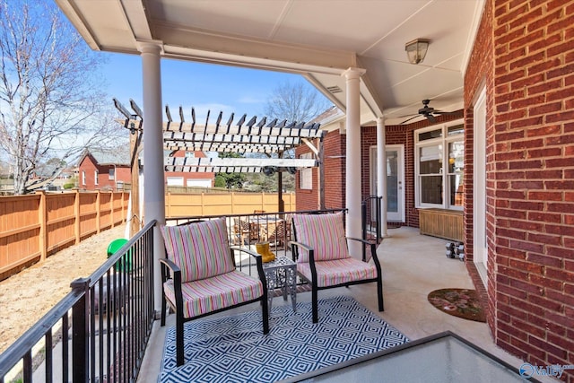 view of patio / terrace featuring a fenced backyard, a pergola, and ceiling fan