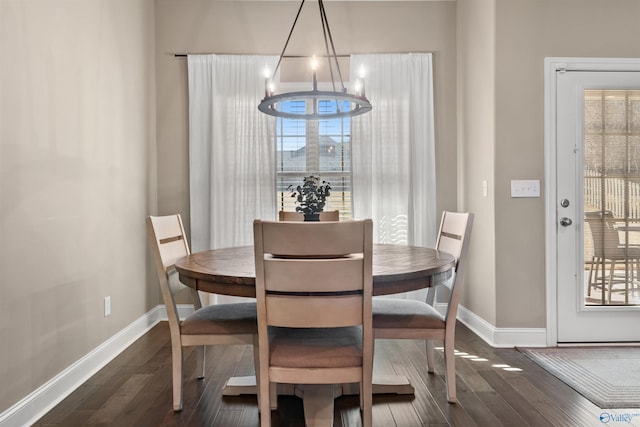 dining area with baseboards, plenty of natural light, and dark wood-style floors