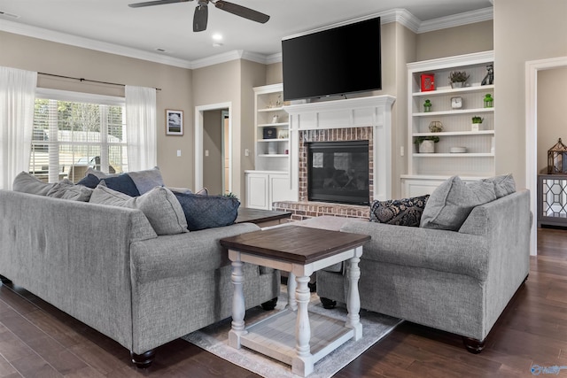 living room with dark wood-style floors and ornamental molding