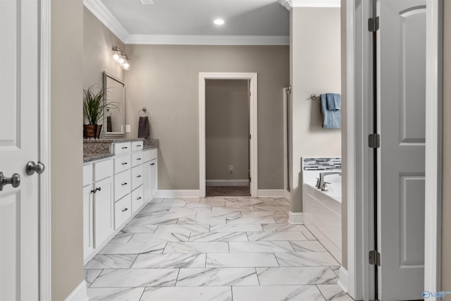 full bathroom featuring baseboards, a garden tub, ornamental molding, marble finish floor, and vanity