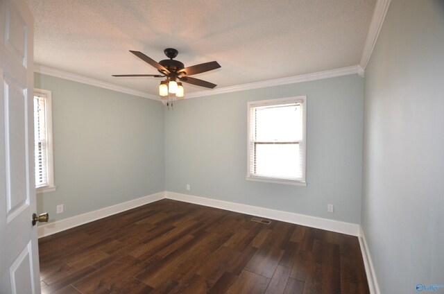 unfurnished room with ceiling fan, ornamental molding, dark hardwood / wood-style floors, and a textured ceiling