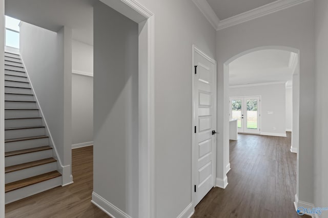 hallway with crown molding and dark hardwood / wood-style flooring