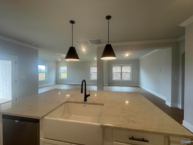 kitchen featuring stainless steel dishwasher, a wealth of natural light, ornamental molding, and sink