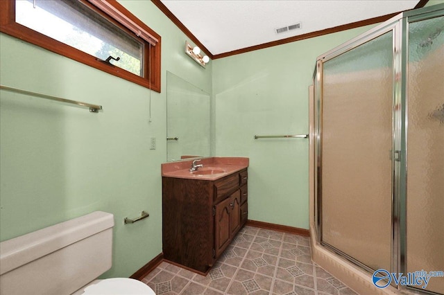 143 Maze Dr, Hartselle, AL 35640 - full bathroom with ornamental molding, vanity, toilet, a shower stall, and baseboards