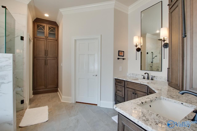 bathroom featuring vanity, baseboards, a marble finish shower, recessed lighting, and crown molding