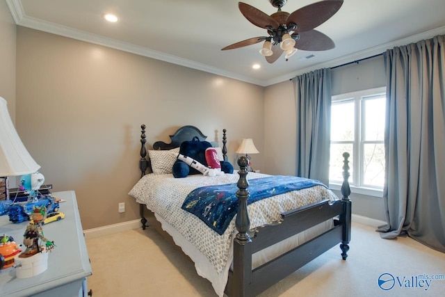 bedroom with light carpet, recessed lighting, crown molding, and baseboards