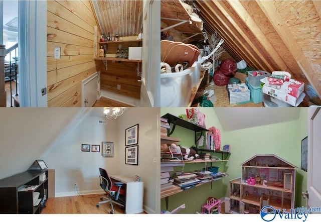 office space featuring wood finished floors and vaulted ceiling