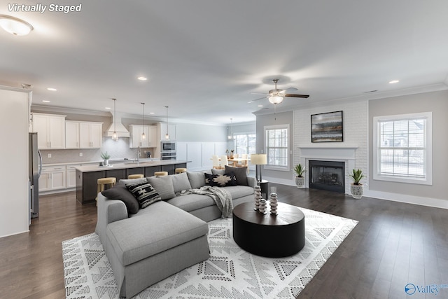 living room with dark hardwood / wood-style flooring, a large fireplace, ceiling fan, and crown molding