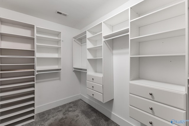 walk in closet featuring dark colored carpet