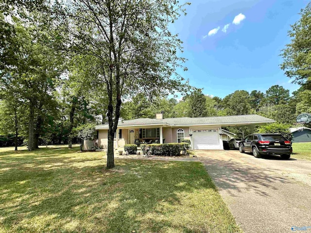 single story home featuring a garage and a front yard