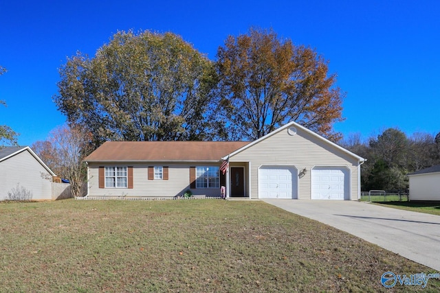 single story home with a front yard and a garage