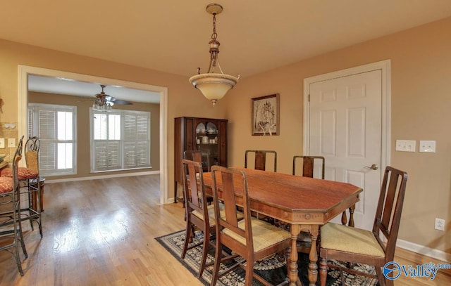 dining space featuring ceiling fan and hardwood / wood-style flooring