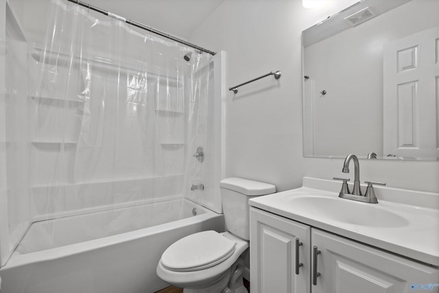 full bathroom with toilet, visible vents, shower / bathtub combination with curtain, and vanity