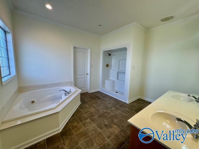 17215 Eunice Ln, Athens, AL 35613 - bathroom featuring a whirlpool tub, crown molding, double vanity, and baseboards