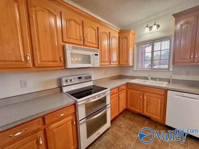 17215 Eunice Ln, Athens, AL 35613 - kitchen with white appliances, a sink, a textured ceiling, dark tile patterned flooring, and light countertops