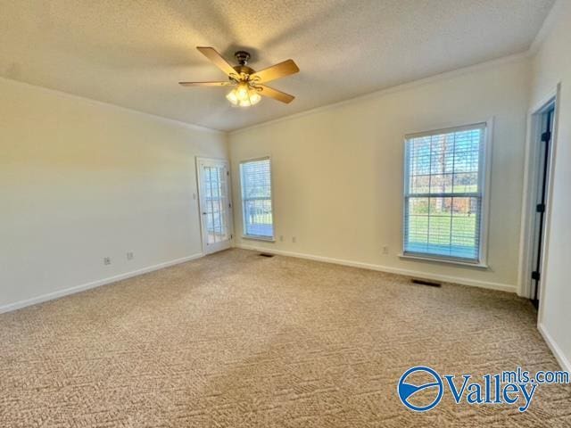 17215 Eunice Ln, Athens, AL 35613 - carpeted empty room with crown molding, a textured ceiling, ceiling fan, and baseboards