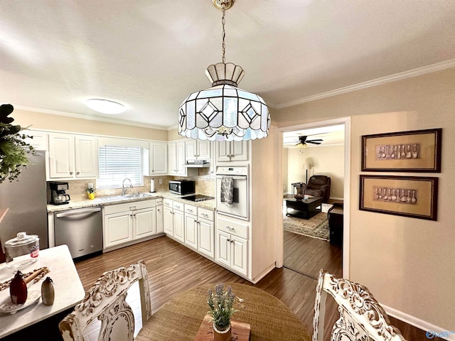 kitchen with ceiling fan, hardwood / wood-style flooring, appliances with stainless steel finishes, and hanging light fixtures