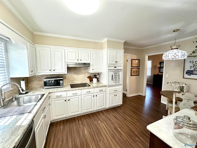 kitchen with dark hardwood / wood-style floors, sink, white cabinets, appliances with stainless steel finishes, and decorative light fixtures