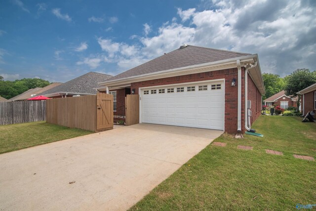 single story home featuring concrete driveway, brick siding, an attached garage, a gate, and roof with shingles