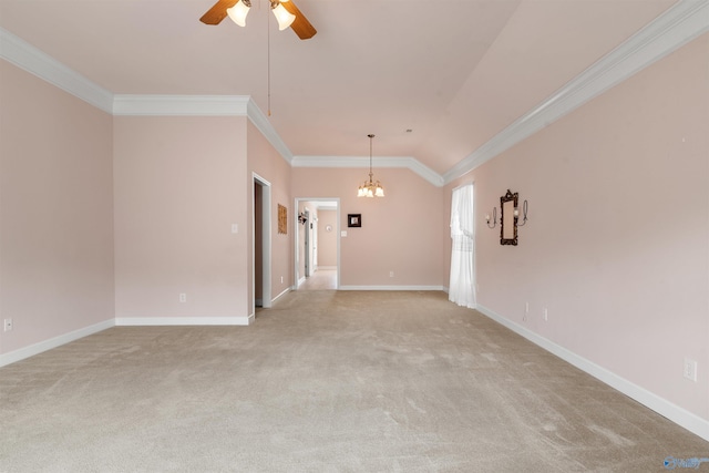 empty room featuring crown molding, light colored carpet, ceiling fan, a chandelier, and baseboards
